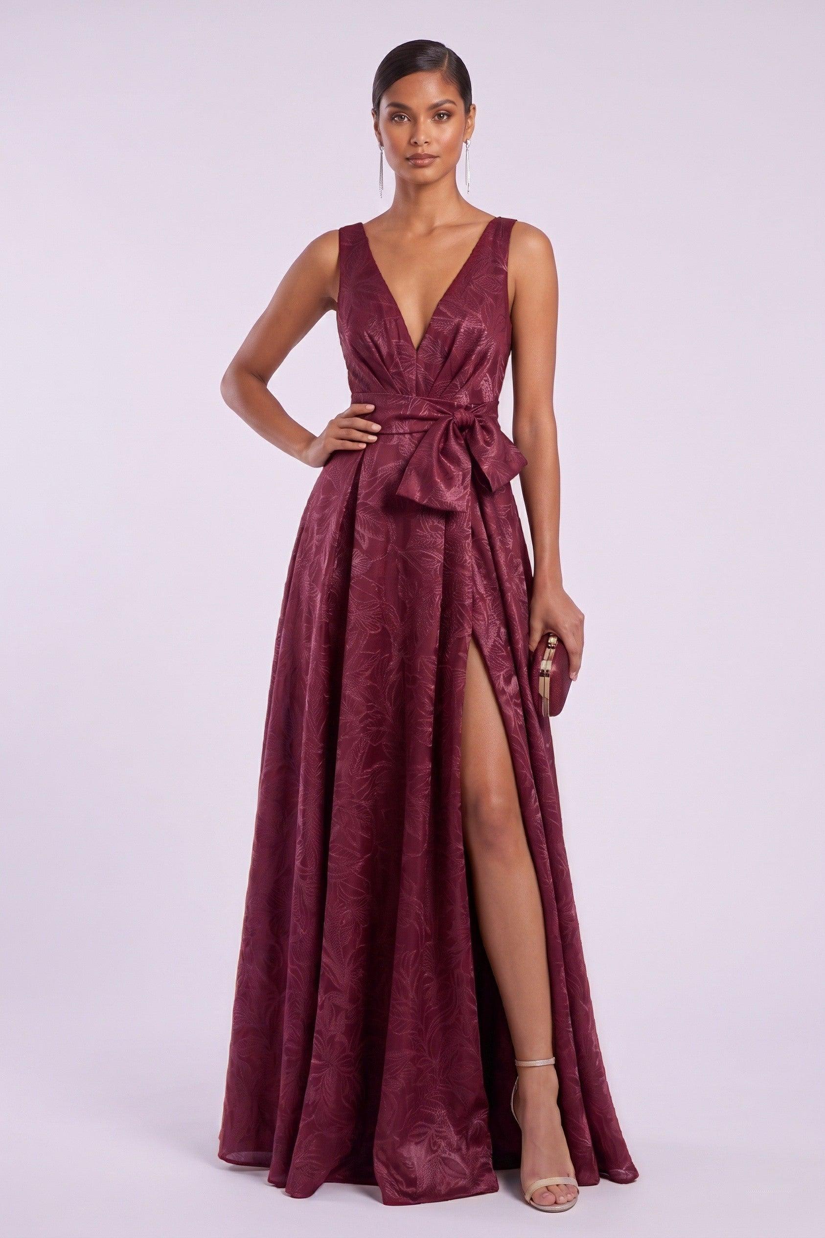 A-Line Floor Length Jacquard Mother of the Bride Dress CM0488 - Wine - COCOMELODY